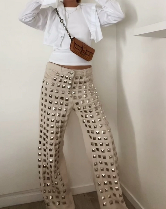Studded Mid-Rise Baggy Jeans(Pre sale)